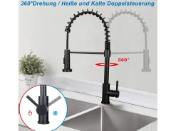 NETTLIFE Grifo de cocina con ducha extraíble Mezclador de cocina Grifo giratorio Mezclador de fregadero de alta presión con 2 tipos de chorros, Negro