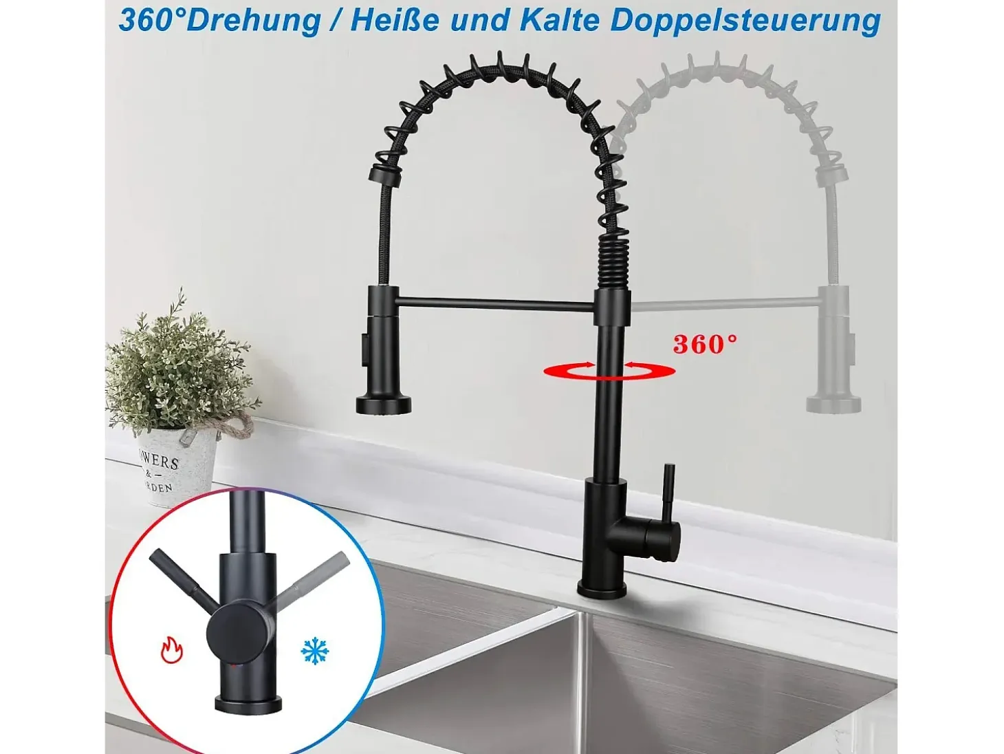 NETTLIFE Grifo de cocina con ducha extraíble Mezclador de cocina Grifo giratorio Mezclador de fregadero de alta presión con 2 tipos de chorros, Negro