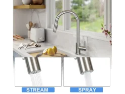 NETTLIFE Grifo de cocina con ducha de mano extensible, alta presión, acero inoxidable de doble chorro y giratorio 360 °, níquel