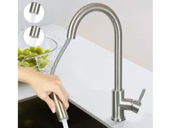 NETTLIFE Grifo de cocina con ducha de mano extensible, alta presión, acero inoxidable de doble chorro y giratorio 360 °, níquel