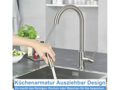 NETTLIFE Grifo de cocina con ducha de mano extensible, alta presión, acero inoxidable de doble chorro y giratorio 360 °, níquel