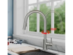 NETTLIFE Grifo de cocina con ducha de mano extensible, alta presión, acero inoxidable de doble chorro y giratorio 360 °, níquel