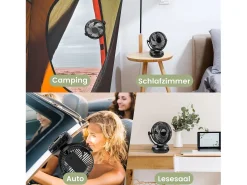 NETTLIFE Ventilador de mesa USB pequeño con batería de 10.000 mAh, silencioso, 4 velocidades, luz LED incluida, modelo 3 en 1, negro, ideal para tienda de campaña
