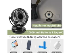 NETTLIFE Ventilador de mesa USB pequeño con batería de 10.000 mAh, silencioso, 4 velocidades, luz LED incluida, modelo 3 en 1, negro, ideal para tienda de campaña