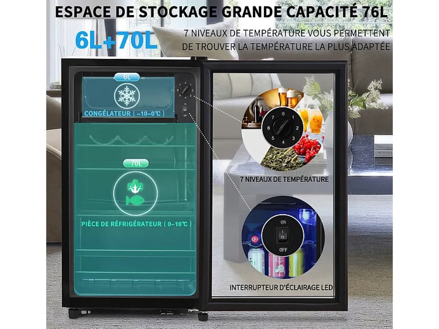 Nevera de 76L con congelador y cajón para verduras - Clase E - con LED y puerta de vidrio - 42dB - temperatura ajustable - 43.5x40x71.6cm