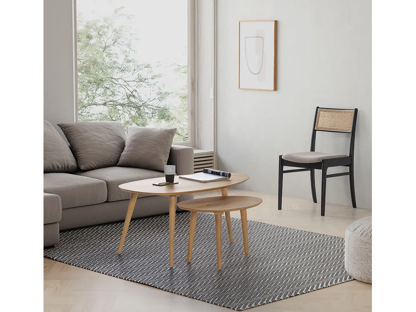 Pack 2 sillas Vilma Color Negro Wash, Madera Maciza y ratán Natural