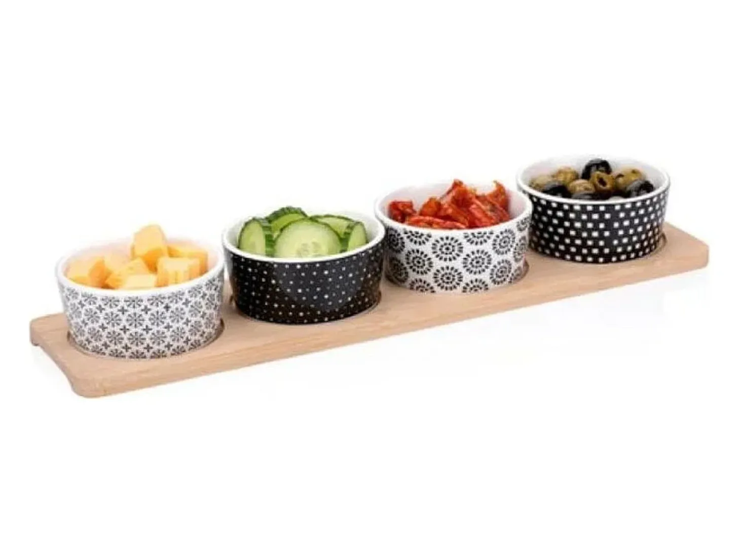 Pack de 4 cuencos Alpina para aperitivos cerámica con bandeja 38x10 cm