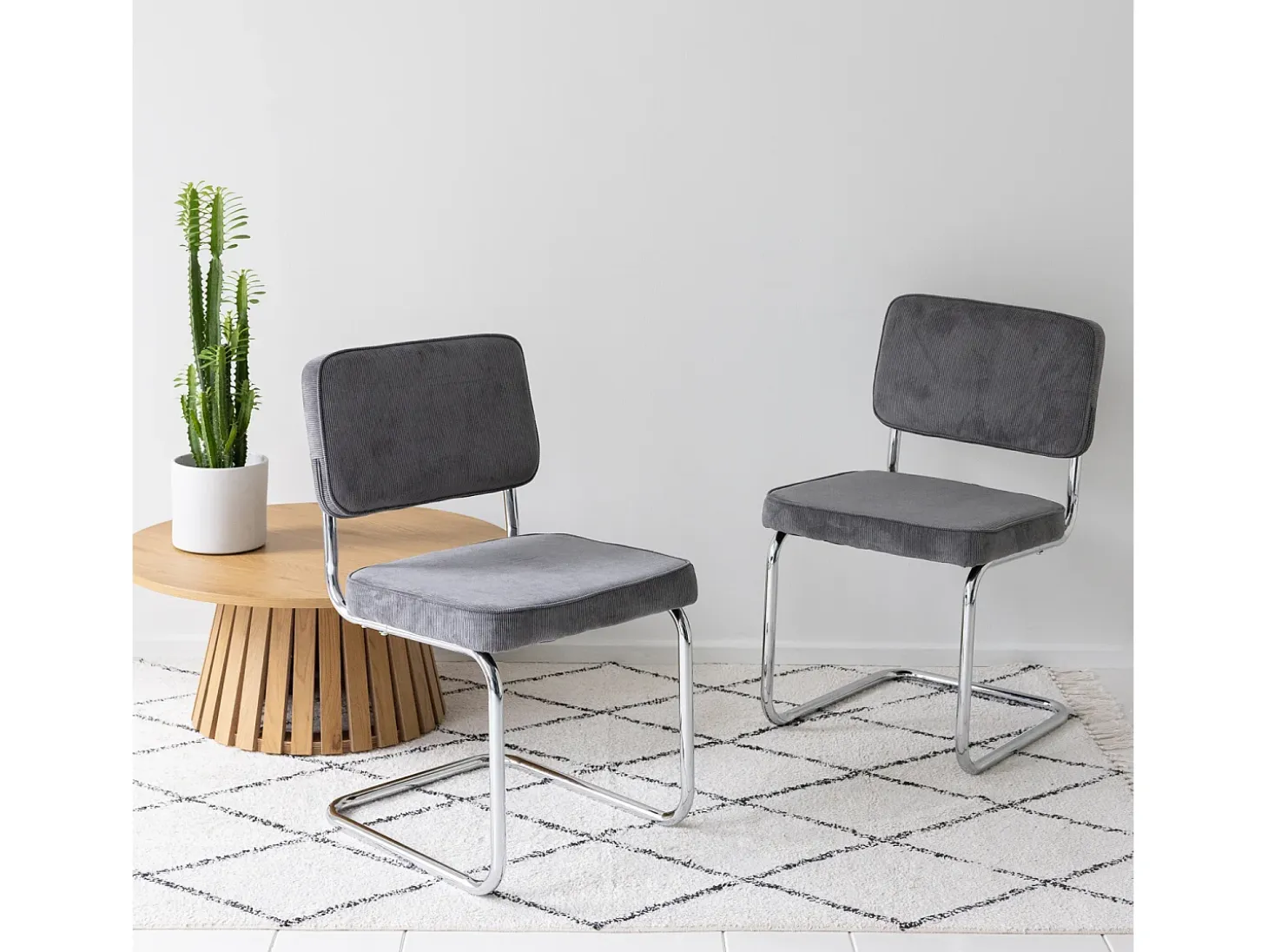 Pack de 2 sillas cantiléver de pana gris MARIA - HAPPY GARDEN