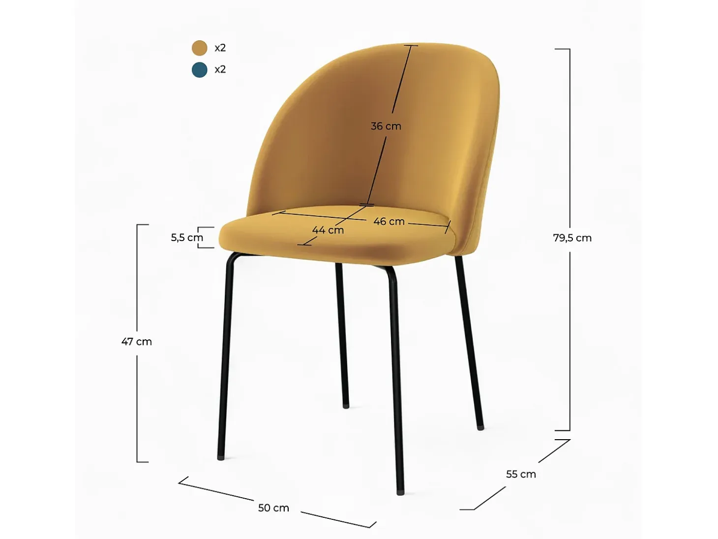 Pack de 4 sillas en terciopelo amarillo mostaza y azul oscuro - Karl