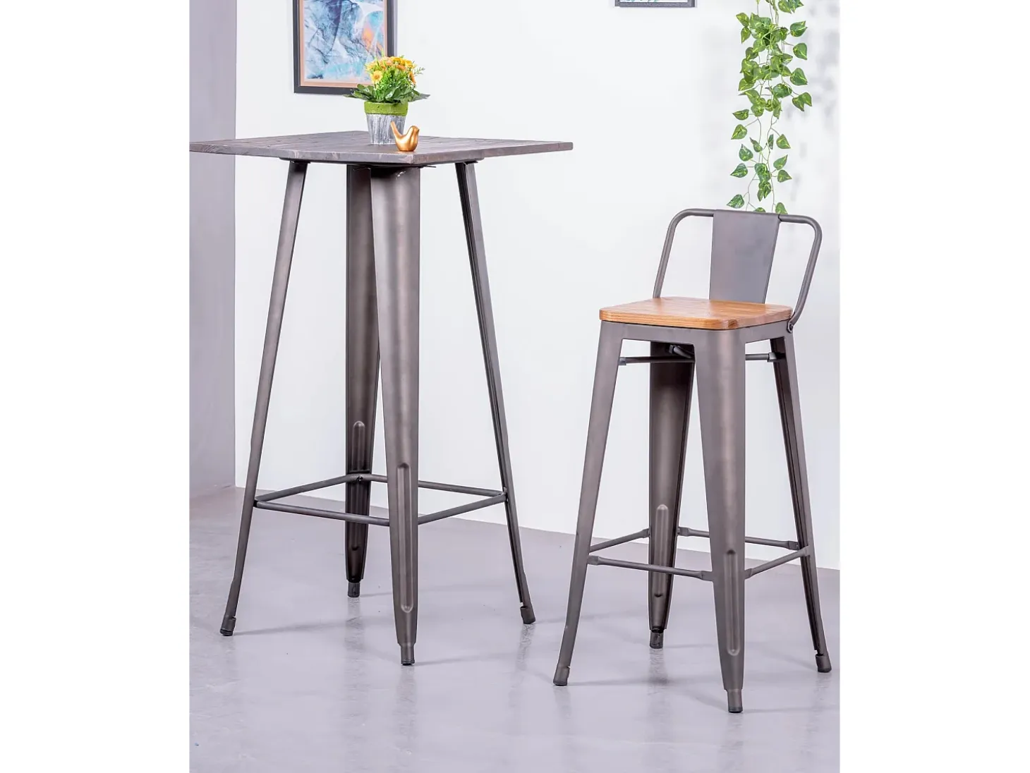Pack de 4 taburetes envejecidos con asiento de madera - Bistro - Antique