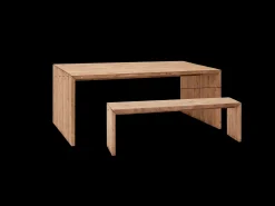 Pack mesa de comedor de 160x75cm y banco de 145x45cm rectangulares de madera de abeto maciza Decowood en tono roble oscuro - TELVA - DECOWOOD