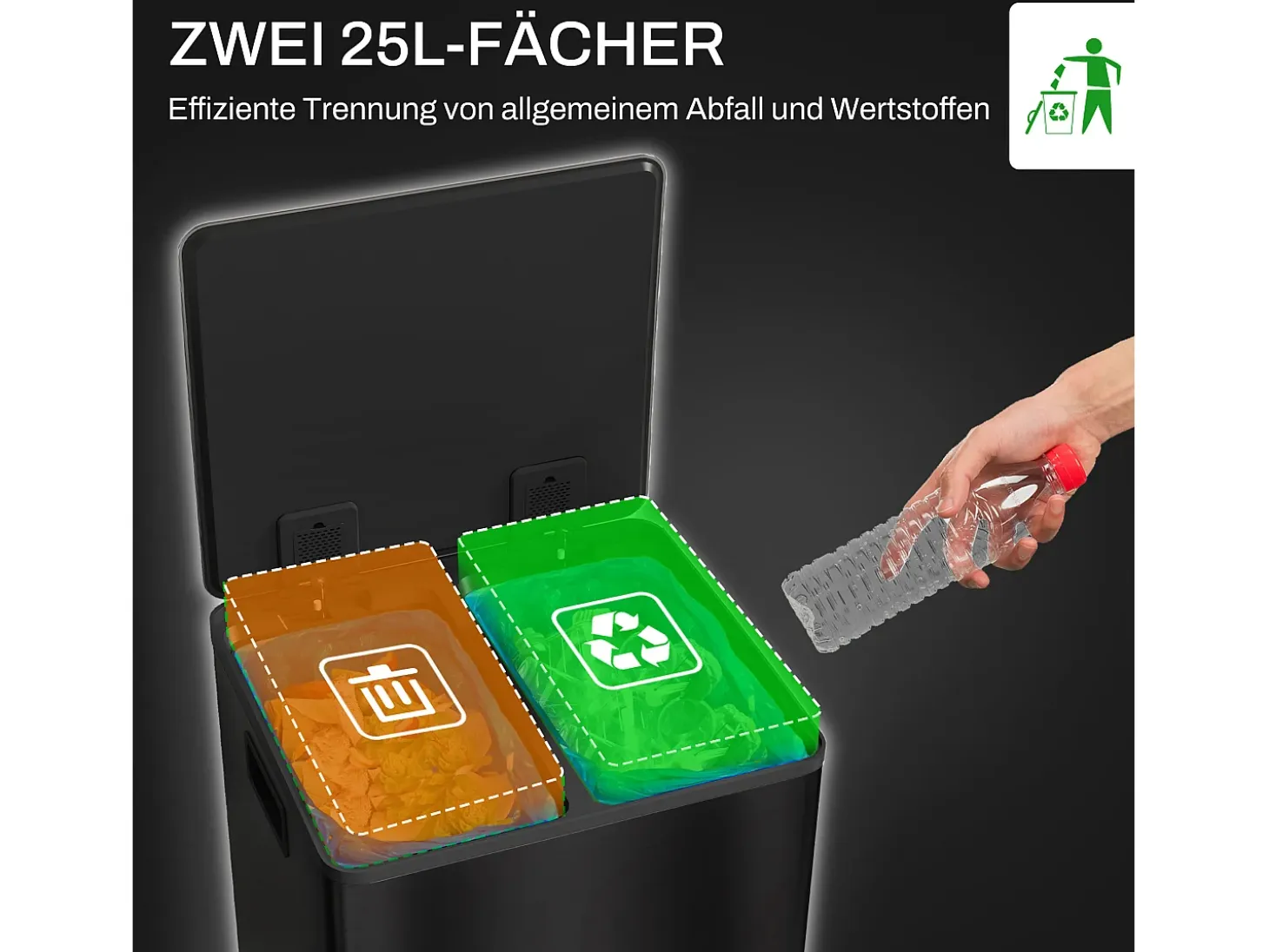 Papelera con pedal de 25 l, acero inoxidable, color negro (47,7 x 37,5 x 56 cm)