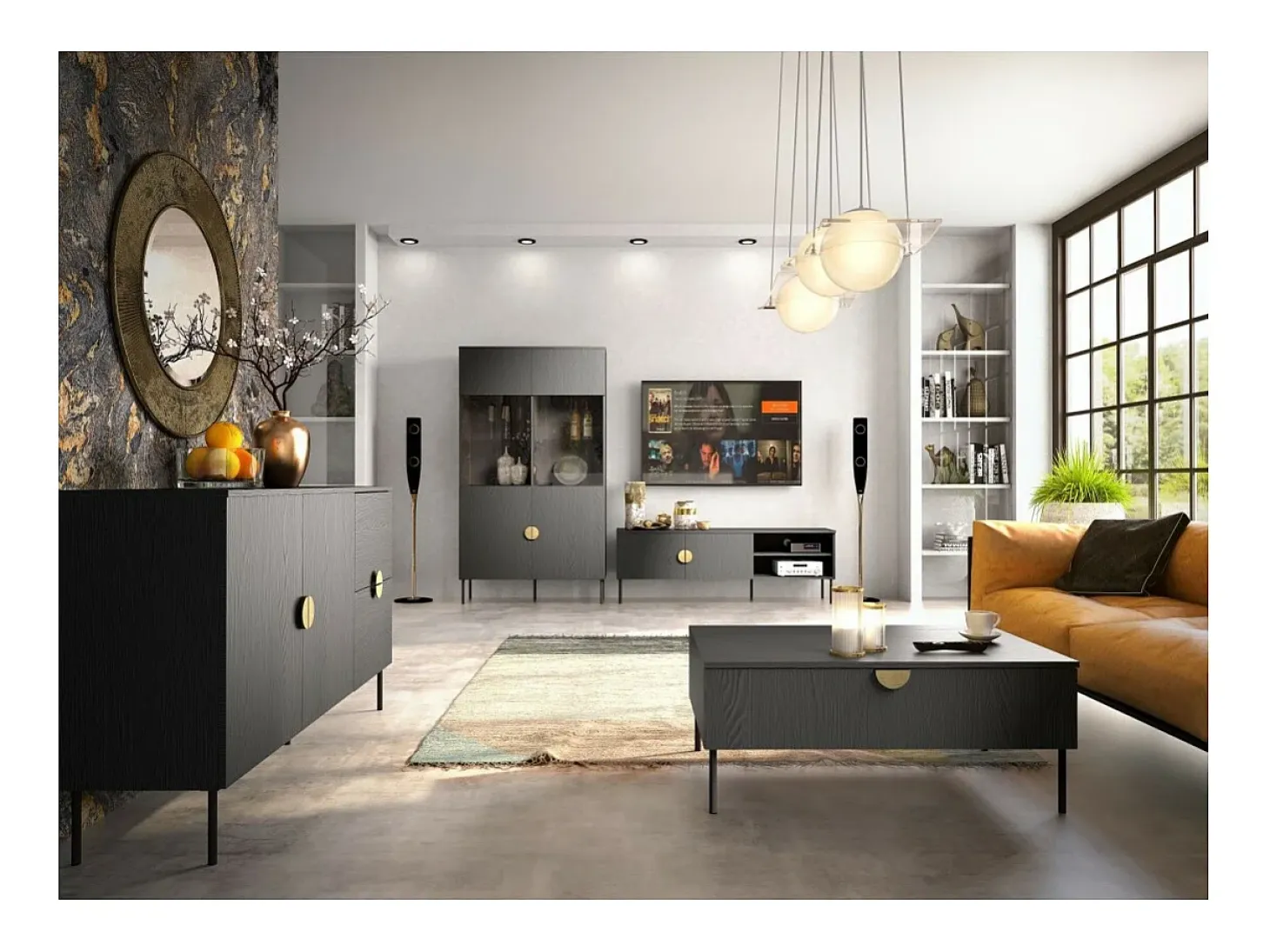 Pequeño bufé de 2 puertas y 2 cajones - negro con tiradores dorados - Colección MONDO