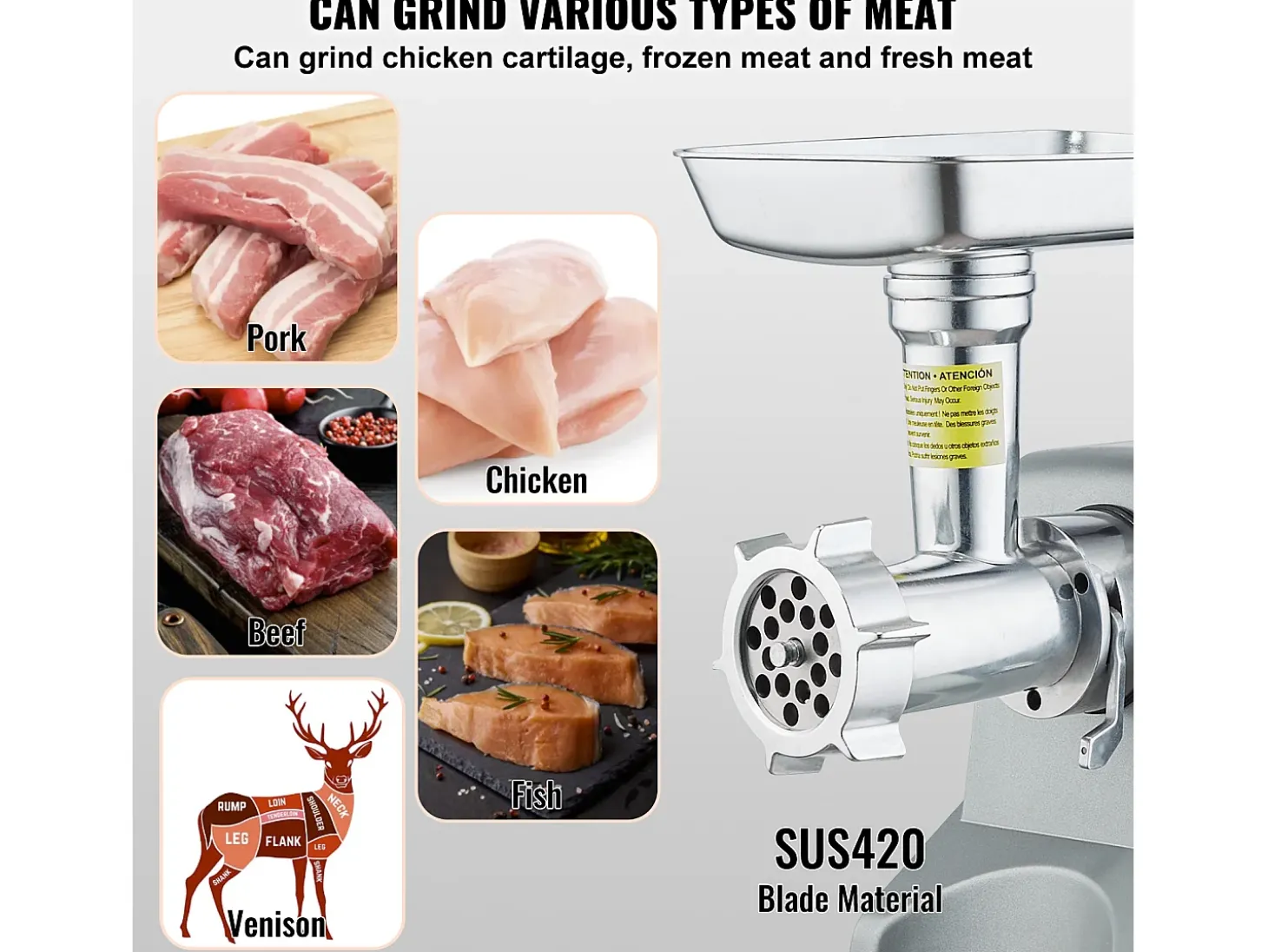 Picadora de Carne Eléctrica Comercial SucceBuy con Capacidad de 2.3KG/min y de 575 W con Función de Relleno de Salchichas
