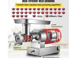 Picadora de Carne SucceBuy Eléctrica 5kg/min Picadora Eléctrica 1100 W, Excelente para Cocina Doméstica y Pequeños Comercios Alimentarios