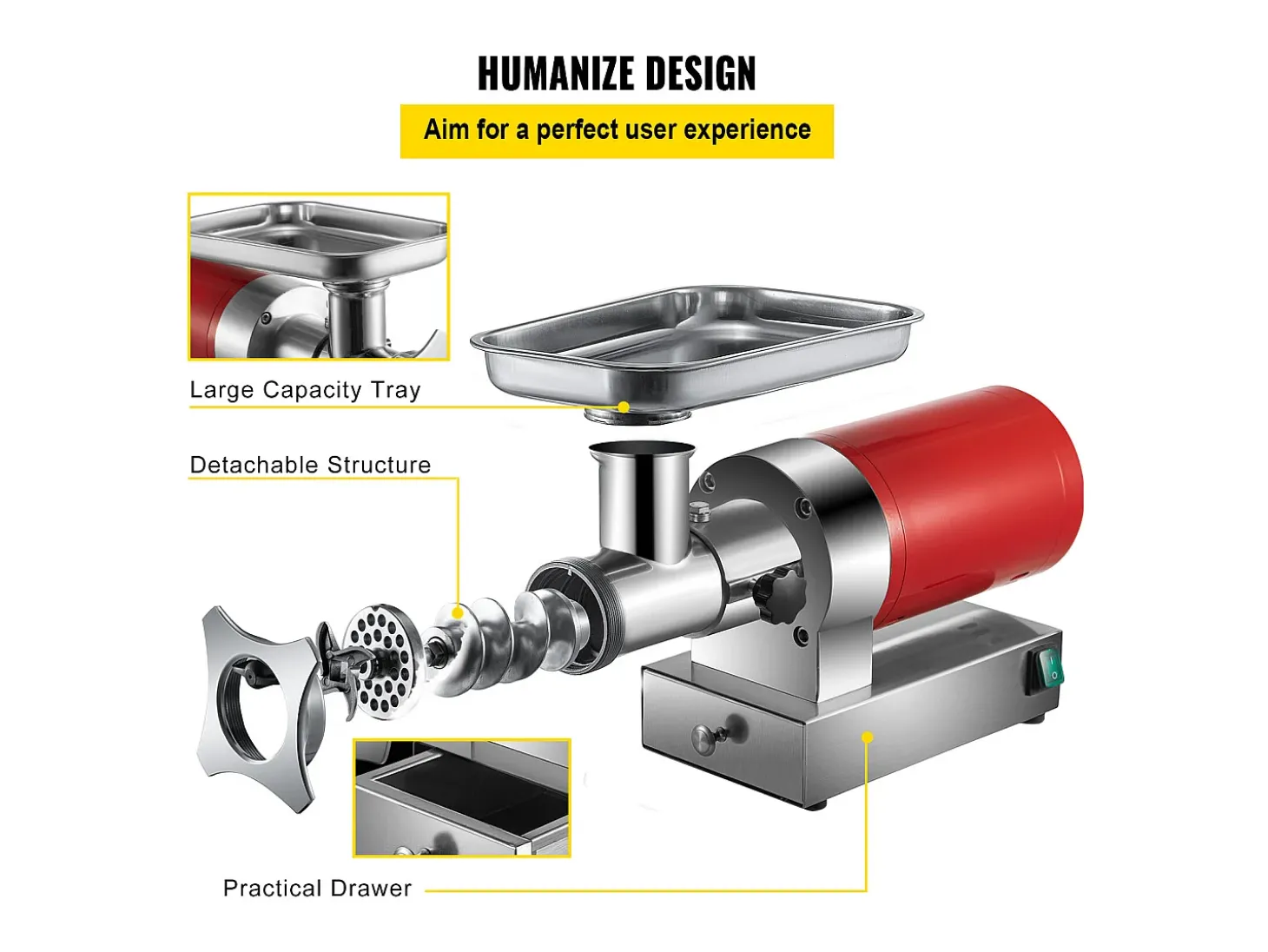 Picadora de Carne SucceBuy Eléctrica 5kg/min Picadora Eléctrica 1100 W, Excelente para Cocina Doméstica y Pequeños Comercios Alimentarios