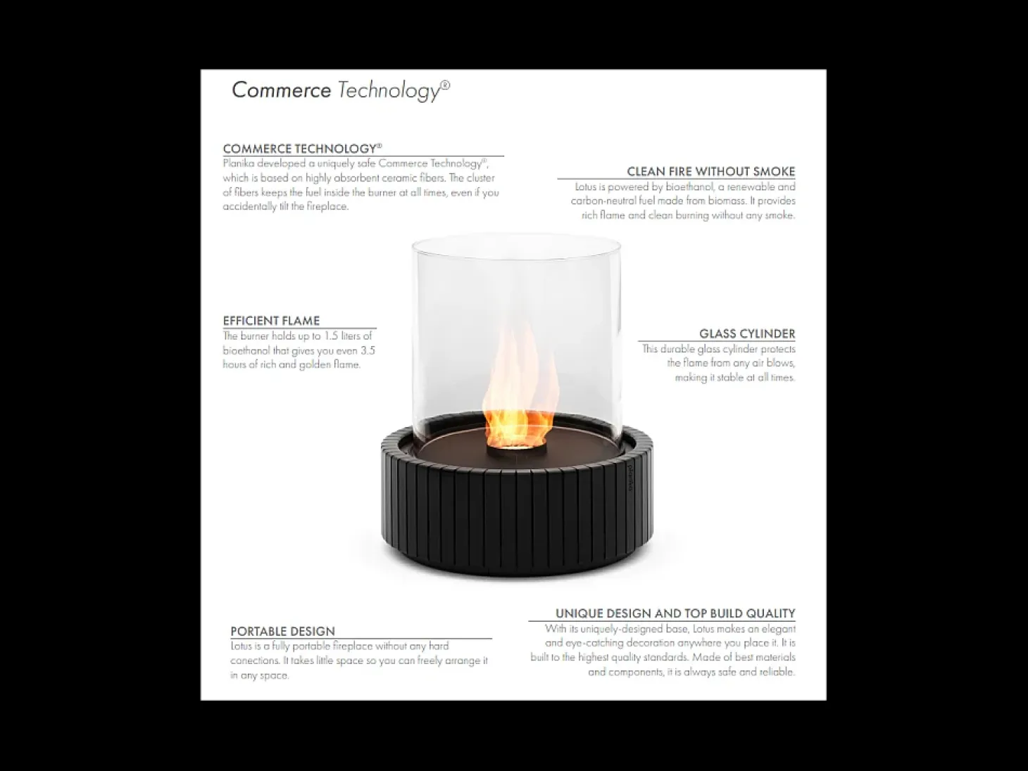 Planika - Chimenea portátil de bioetanol de sobremesa Lotus con tecnología Commerce, vidrio cilíndrico