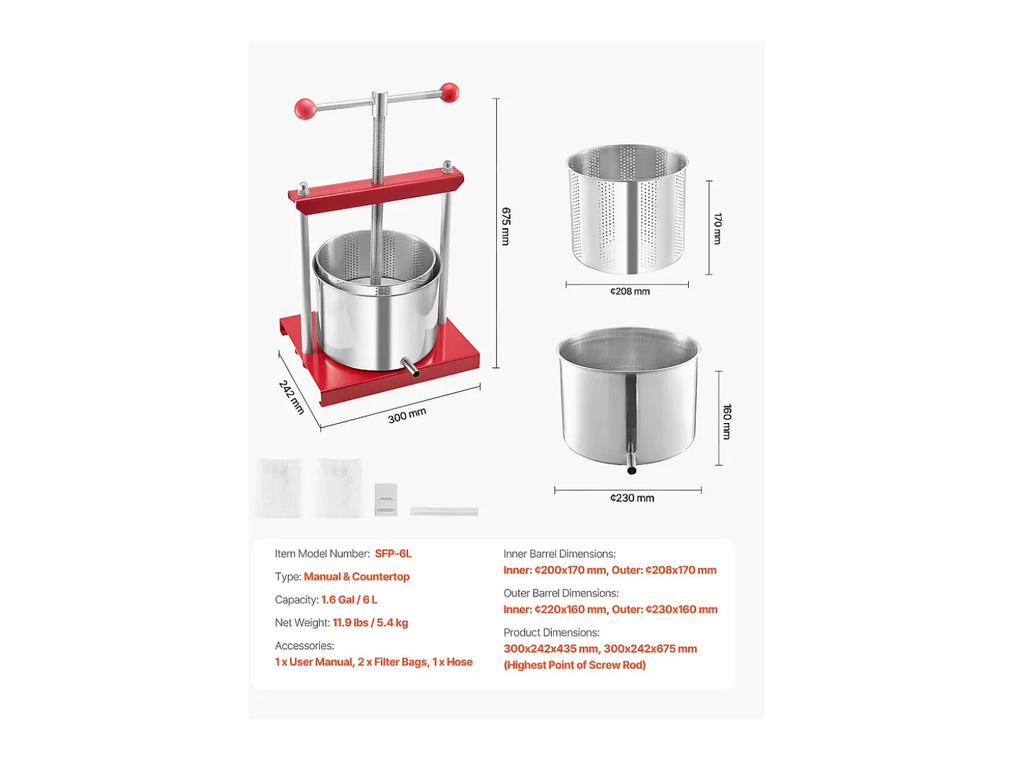 Prensa Manual para Frutas SucceBuy, 6 L, Acero Inoxidable, Cocina, para la Elaboración de Vino