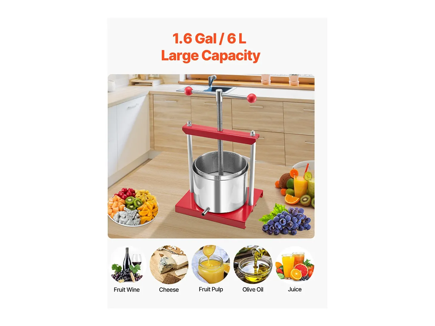Prensa Manual para Frutas SucceBuy, 6 L, Acero Inoxidable, Cocina, para la Elaboración de Vino