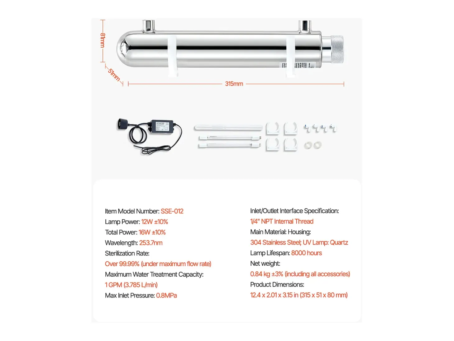 Purificador de Agua UV SucceBuy, Filtración Ultravioleta, Caudal de 3,785 l/min