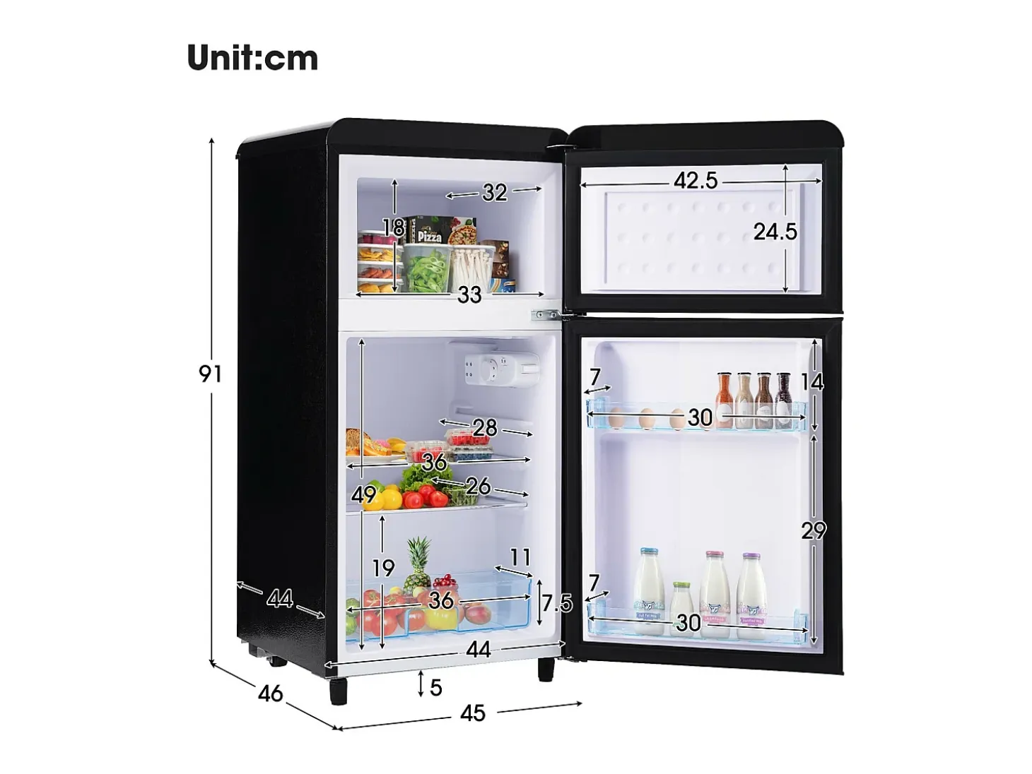 Refrigerador de doble puerta con ajustes y ruedas - 72L - 120kWh/año - Nivel de ruido bajo de 39 dB - 45x46x91cm