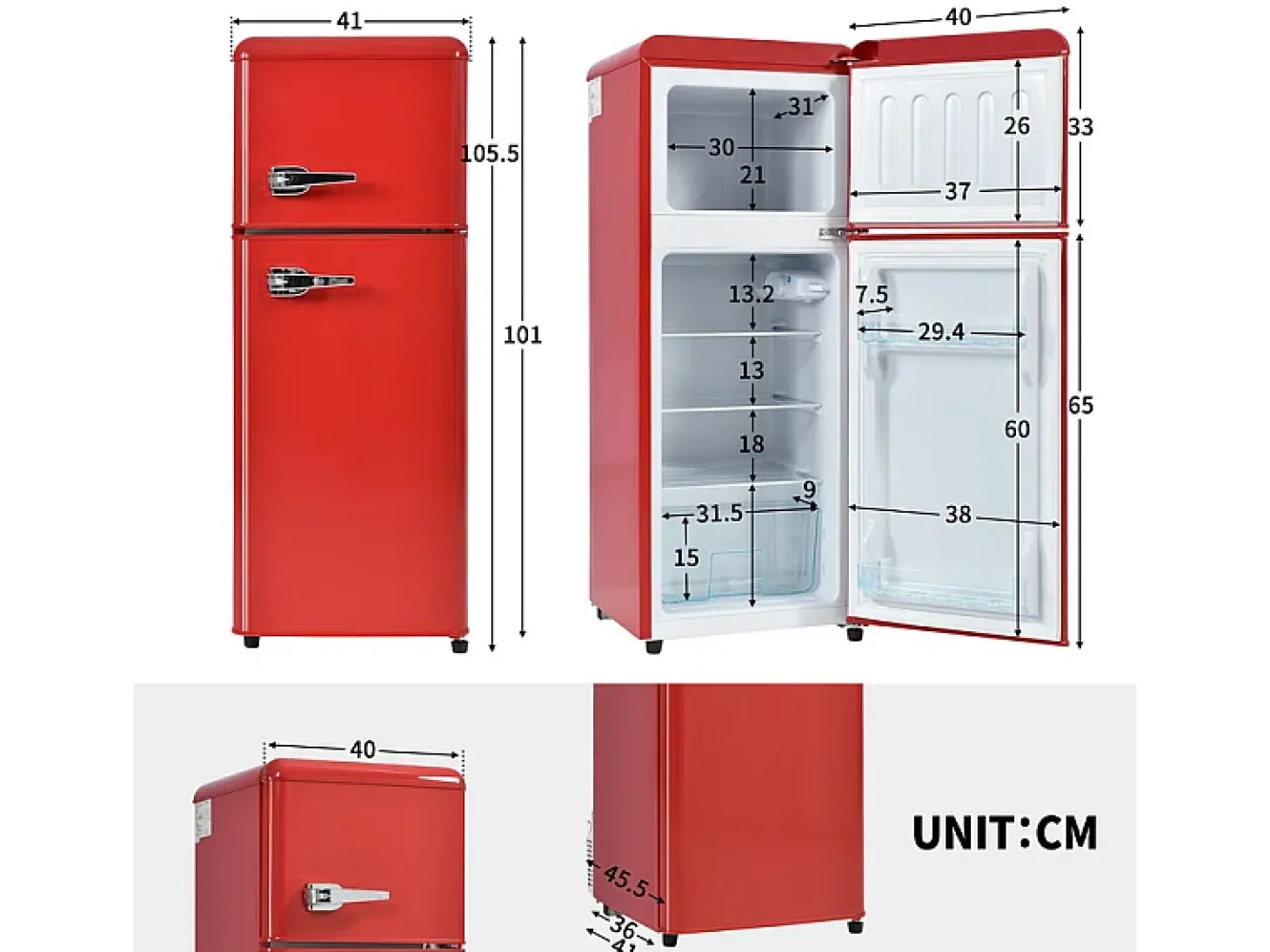 Refrigerador 28L+64L, -27°C~13°C, 116 kWh/año, 45dB, eficiencia energética D, Rojo, 41x45.5x105.5cm