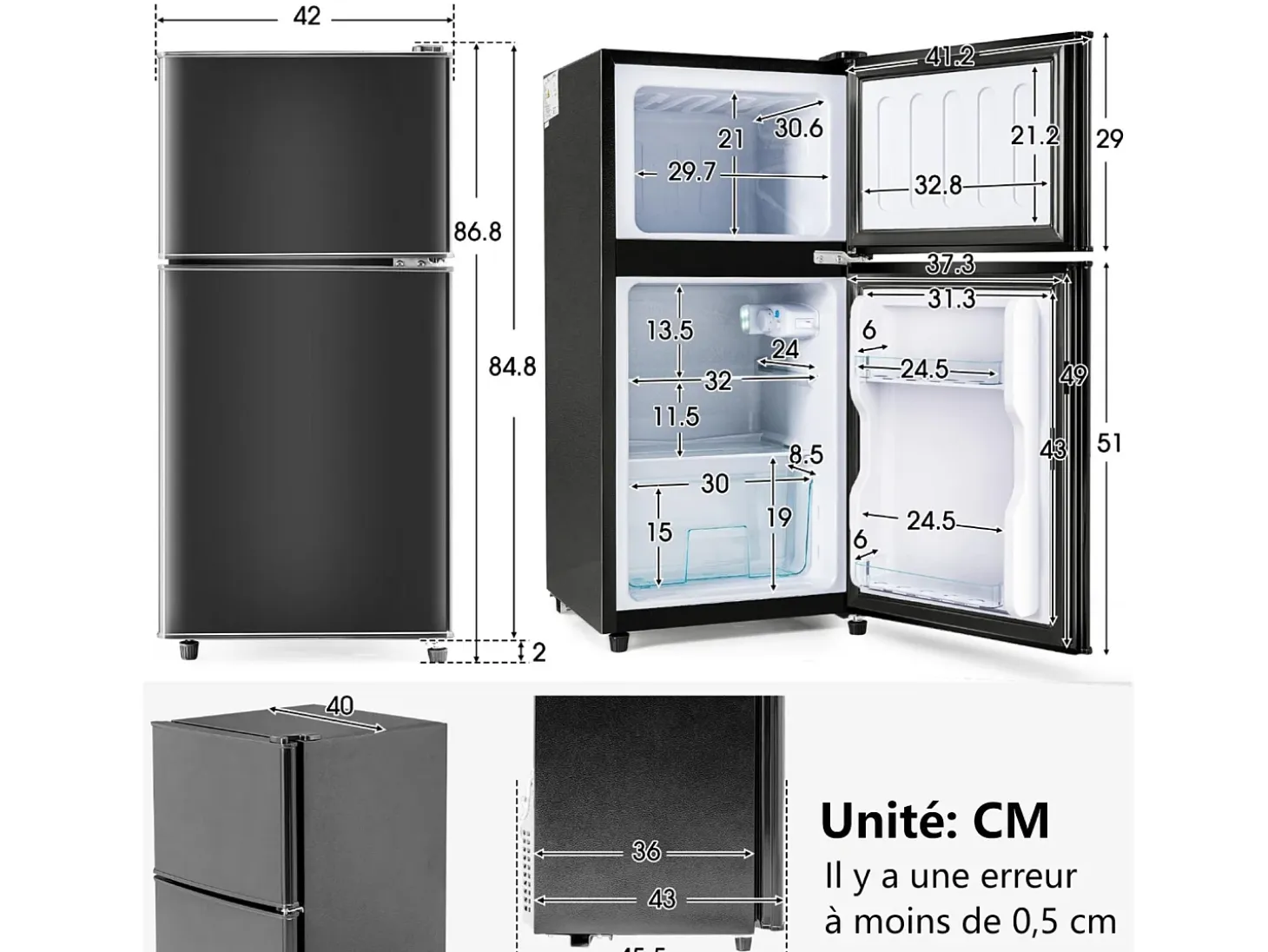 Refrigerador 22L+38L con LED, pies ajustables, 172 kWh/año, -27 ° C a 13 ° C, 7 nivel de temperatura, Energía E, 42x45.5x86.8 cm