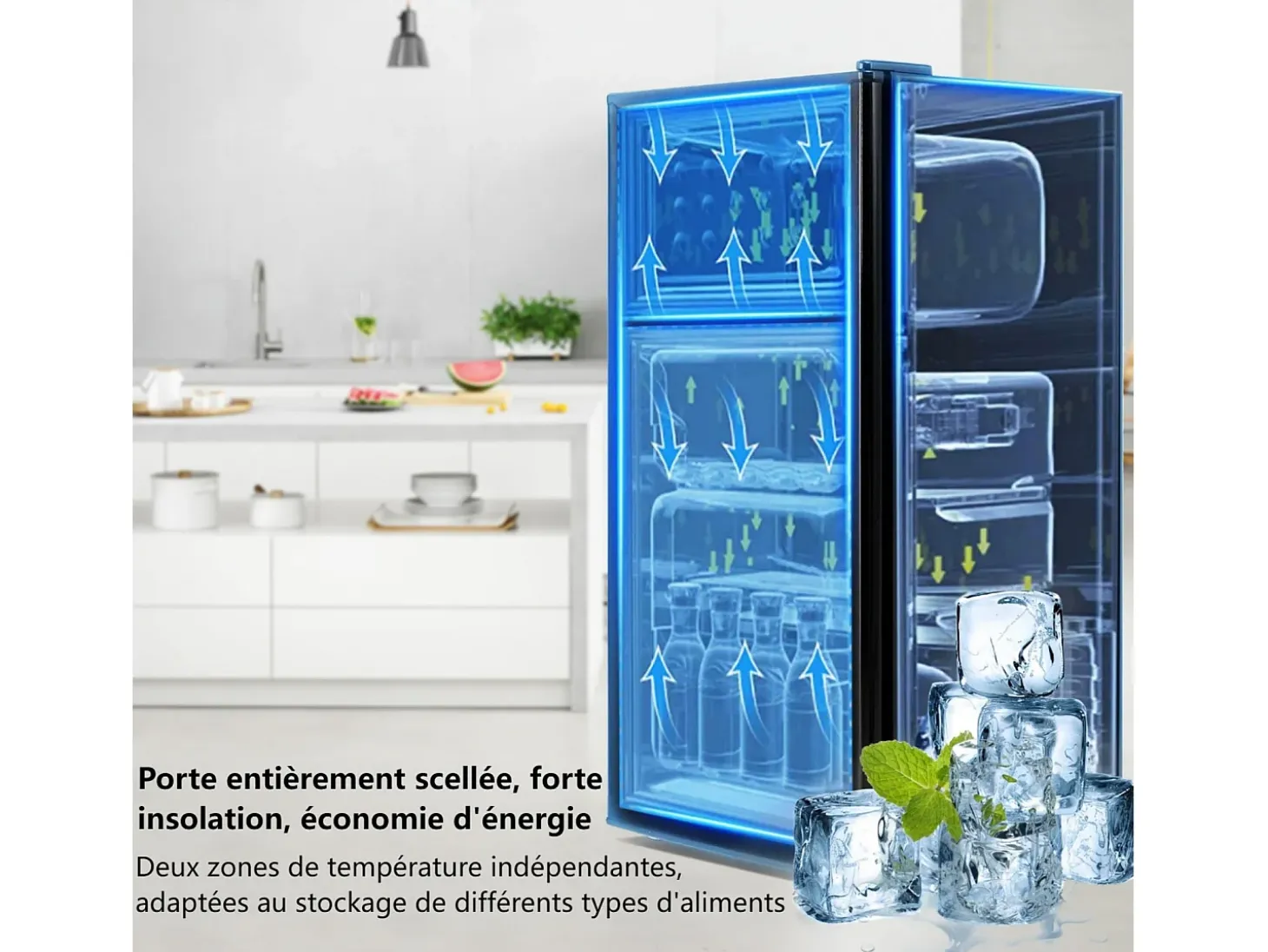 Refrigerador 22L+38L con LED, pies ajustables, 172 kWh/año, -27 ° C a 13 ° C, 7 nivel de temperatura, Energía E, 42x45.5x86.8 cm