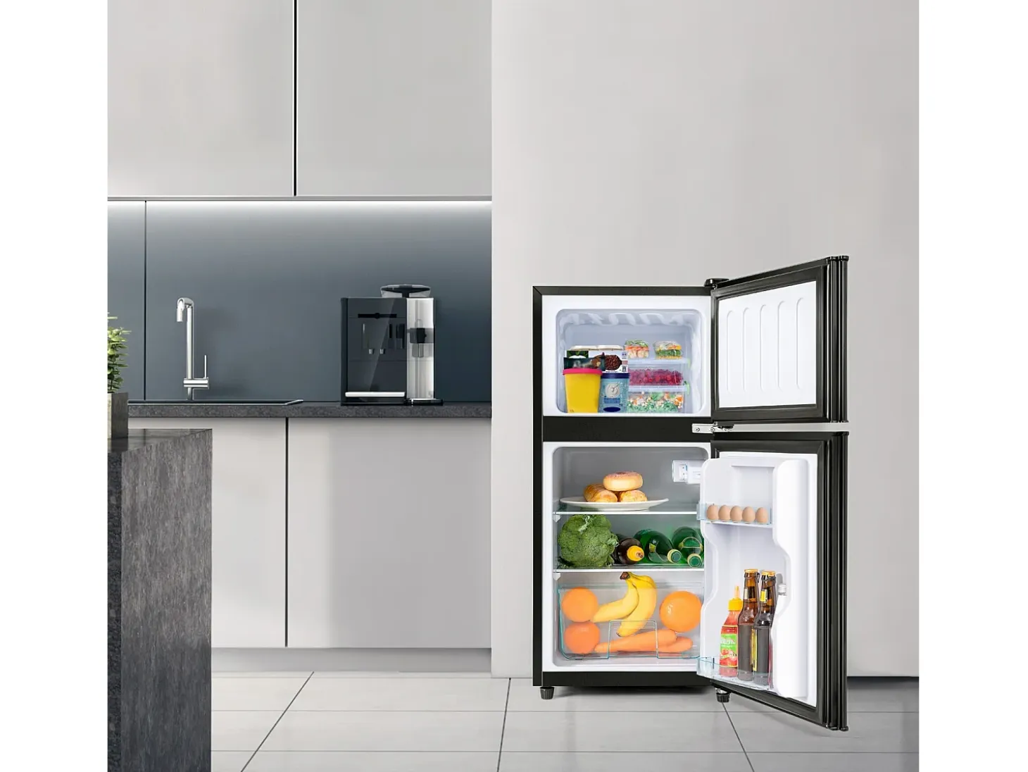 Refrigerador 22L+38L con LED, pies ajustables, 172 kWh/año, -27 ° C a 13 ° C, 7 nivel de temperatura, Energía E, 42x45.5x86.8 cm