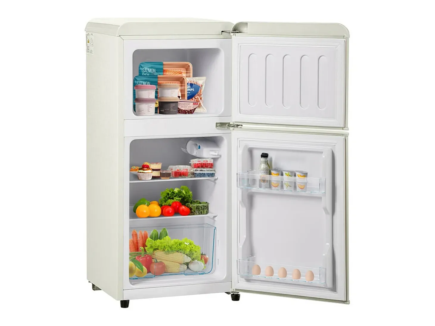 Refrigerador 22L+38L, doble puerta con LED y pies ajustables, clase E, -27°C-13°C, 102 kWh/año, Blanco, 42x45.5x88.8cm