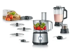 Robot multifuncional SEVERIN KM3892 1200W inox/negro con licuadora 1,5L, 3 discos 2-en-1, molinillo de especias y gancho amasador