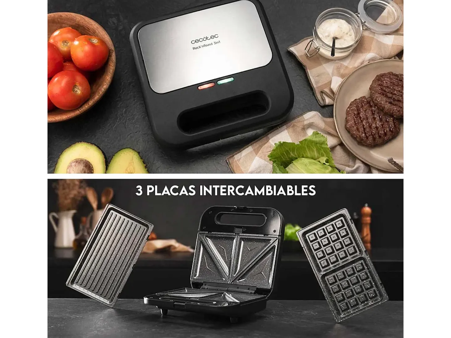 Sandwichera Cecotec Rock'n Toast 1000 3in1 800W 3 placas intercambiables negro