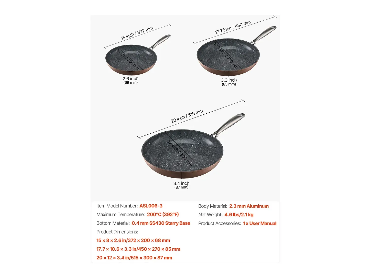 Sartén de Aluminio SucceBuy, 3 Piezas 20/27/30 cm, Sartén Antiadherente de Cerámica con Mango Resistente al Calor, para Gas, Eléctrico