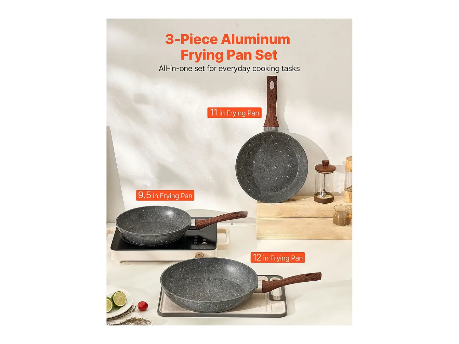 Sartén de Aluminio SucceBuy, 3 Piezas de 25/28/32,5 cm, Sartén Antiadherente Preacondicionada con Mango Resistente al Calor, para Gas, Eléctrica, Gris