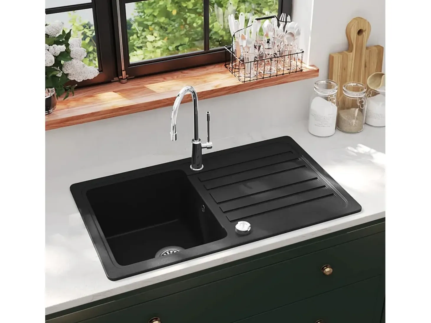 Sesto San Giovanni Fregadero de cocina de granito con un seno y escurridor negro