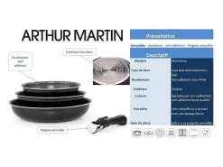 Set de 3 sartenes Arthur Martin 20/24/28 cm antiadherente efecto piedra, mango desmontable, para todo tipo de fuegos incluyendo inducción
