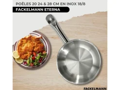 Set de 3 sartenes de acero inoxidable Fackelmann Eterna 20-24-28 cm, compatibles con inducción, mangos remachados, cocción homogénea