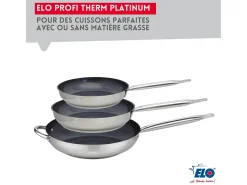 Set de 3 Sartenes de Acero Inoxidable 18/10 ELODUR® sin PFAS Ø24-28-32 cm con Tapas de Vidrio – Todos los Fuegos, Inducción, Fondo Capsulado Eco