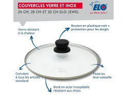 Set de 3 Sartenes de Acero Inoxidable 18/10 ELODUR® sin PFAS Ø24-28-32 cm con Tapas de Vidrio – Todos los Fuegos, Inducción, Fondo Capsulado Eco