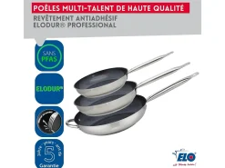 Set de 3 Sartenes de Acero Inoxidable 18/10 ELODUR® sin PFAS Ø24-28-32 cm con Tapas de Vidrio – Todos los Fuegos, Inducción, Fondo Capsulado Eco