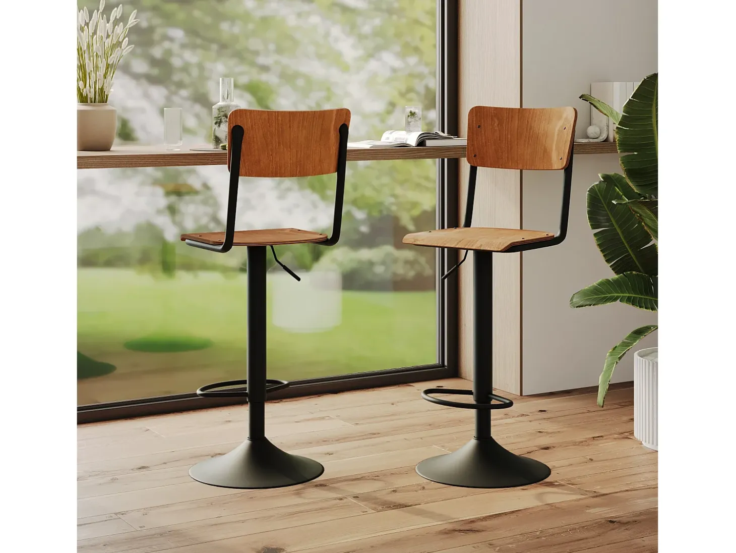 Set de 2 sillas de bar ajustables 60/80 cm en madera oscura - Clem