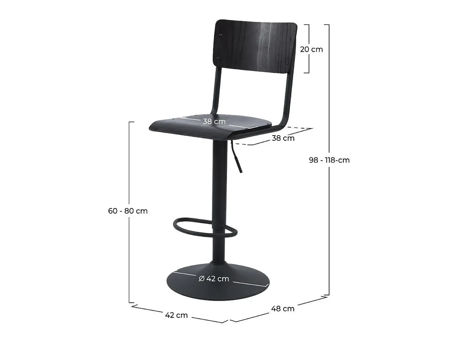 Set de 2 sillas de bar ajustables 60/80 cm en madera negra - Clem