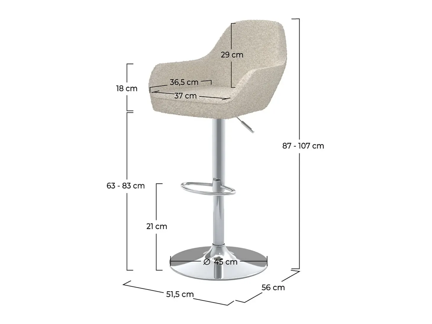 Set de 2 sillas de bar blancas efecto bouclé lana 63/83 cm - Adam