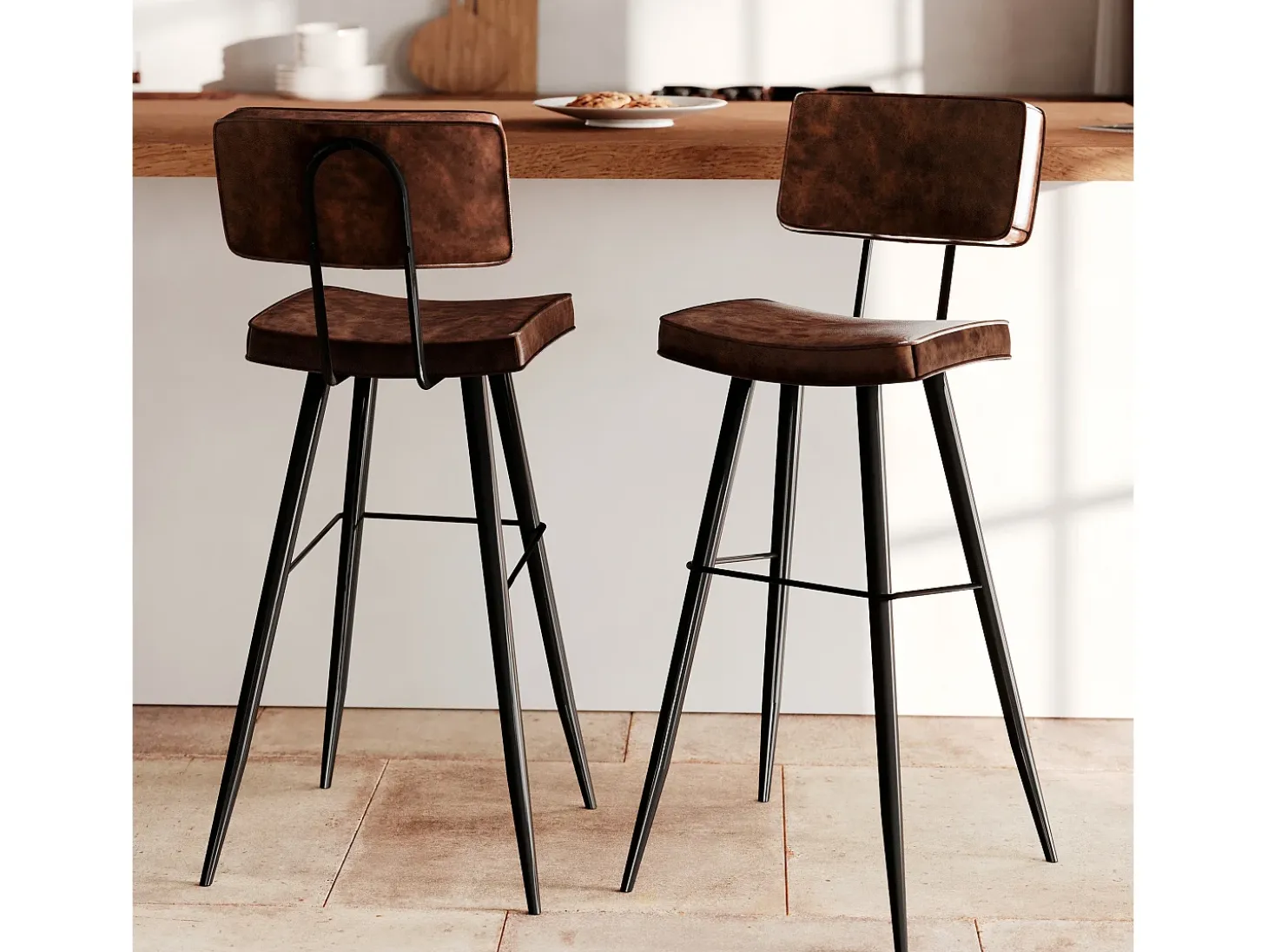 Set de 2 sillas de bar de cuero sintético marrón 76 cm - Texas