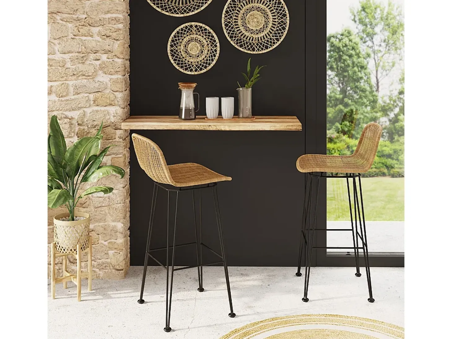 Set de 2 sillas de bar de resina tejida marrón 76 cm - Jigani
