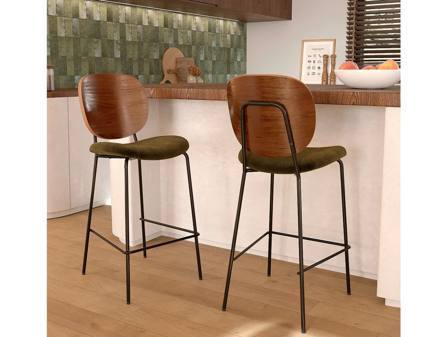 Set de 2 sillas de bar de terciopelo verde kaki 65,5cm - Simone