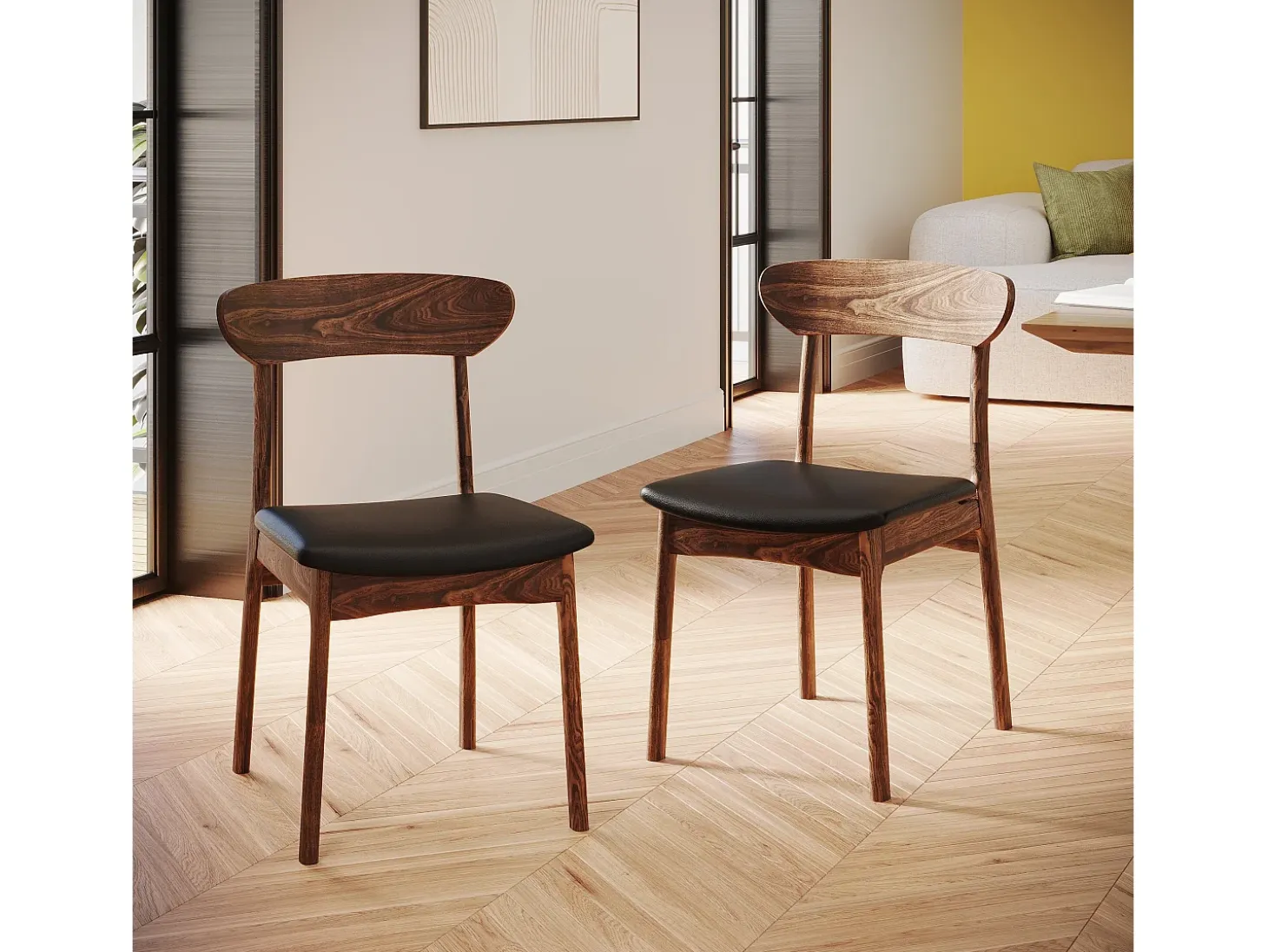 Set de 2 sillas en cuero sintético negro y madera clara - Lana