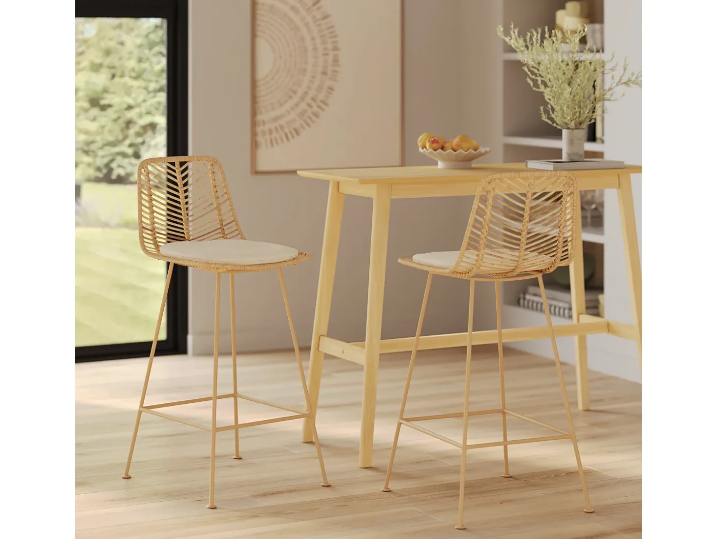 Set de 2 sillas para isla de cocina en mimbre natural 66 cm - Tamara