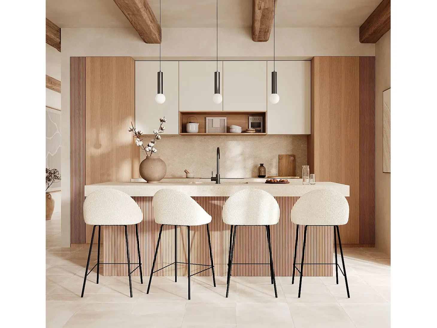 Set de 2 sillas para isla de cocina blancas efecto lana 65 cm - Misty