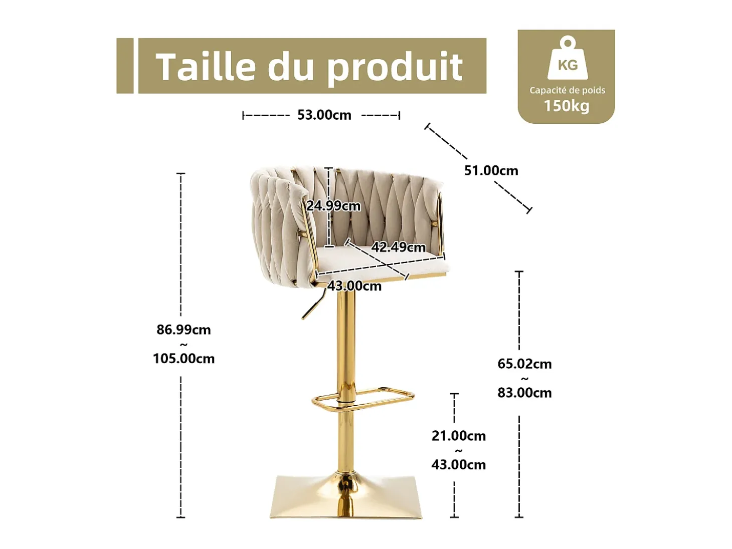 Set de 2 Taburetes de Bar Trenzados - Patas de Metal Dorado - Reposapiés - Altura Ajustable - Giro 360° - Ideal para Cocina, Salón o Bar